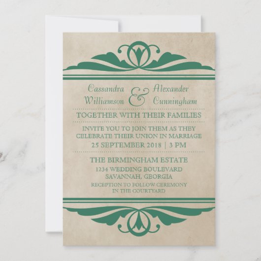 Green Elegant Deco Wedding Invite Kaart (Voorkant)