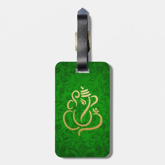 Green Elegant Gold Ganesha Indian Damask Patroon  Bagagelabel (Achterkant verticaal)