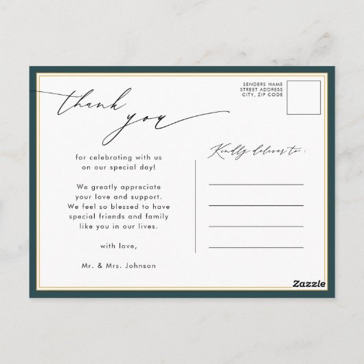 Green Elegant Gold Script Modern Weddenschap Harte Briefkaart (Achterkant)