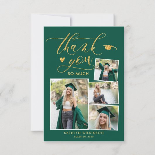 Green Elegant Gold Script Photo Collage Afstuderen Bedankkaart (Voorkant)