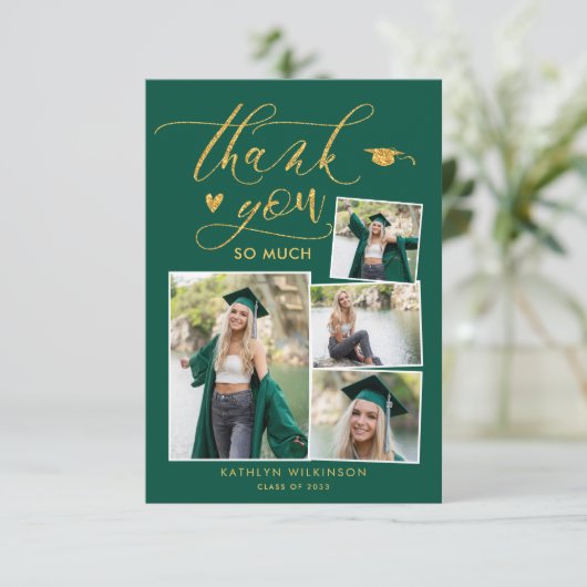 Green Elegant Gold Script Photo Collage Afstuderen Bedankkaart (Staand voorkant)