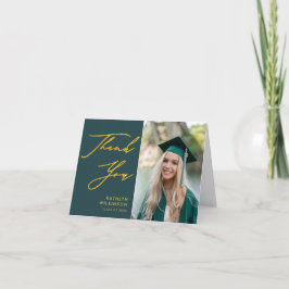 Green Elegant Gold Script Simple Photo Afstuderen Bedankkaart