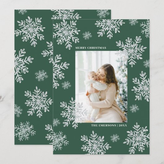 Green Elegant Merry kerstsnowflake Kaart (Voorkant / Achterkant)