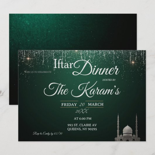 Green Elegant Mosque Ramadan Iftar Party  Invit Kaart (Voorkant / Achterkant)