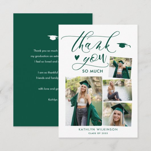 Green Elegant Script 4 Photo Collage Afstuderen Bedankkaart (Voorkant / Achterkant)