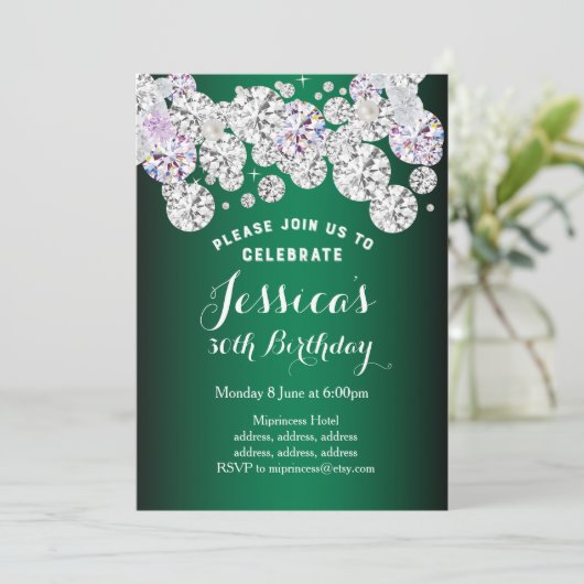 GREEN-elegantdiamant, uitnodiging voor glitter-ver (Staand voorkant)