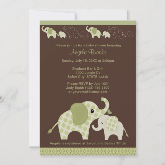 Green ELEPHANT Baby shower Invitation CE-G Kiss Kaart (Voorkant)