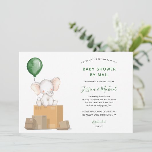 Green Elephant Baby shower per Mail uitnodiging (Staand voorkant)