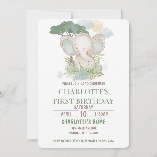 Green Elephant Birthday Party Kaart (Voorkant)