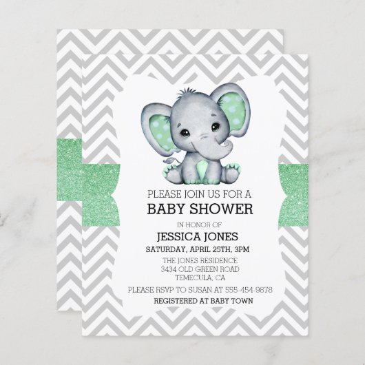 Green Elephant Chevron Glitter Baby shower Invitat (Voorkant / Achterkant)