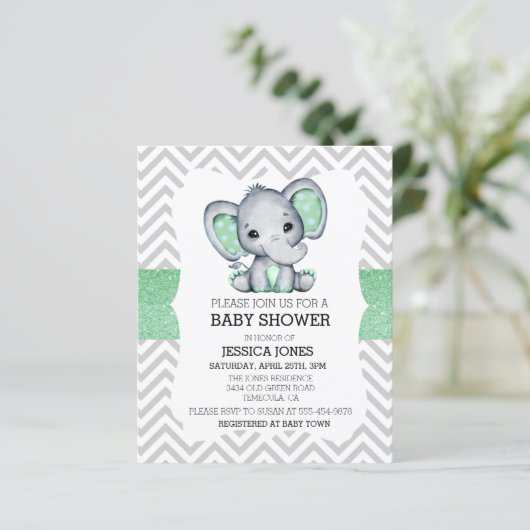 Green Elephant Chevron Glitter Baby shower Invitat (Staand voorkant)