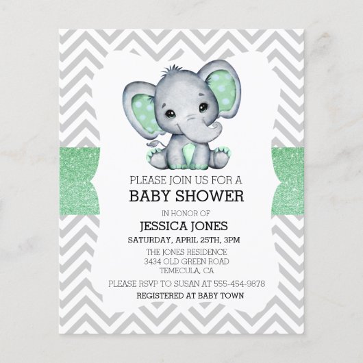 Green Elephant Chevron Glitter Baby shower Invitat (Voorkant)