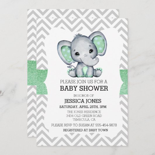 Green Elephant Chevron Glitter Baby shower Kaart (Voorkant / Achterkant)