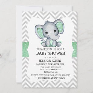 Green Elephant Chevron Glitter Baby shower Kaart