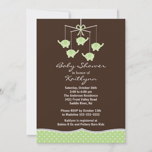 Green Elephant Mobile Baby shower Invitation Kaart (Voorkant)