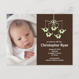 Green Elephants Baby Boy Birth Annoucement Kaart