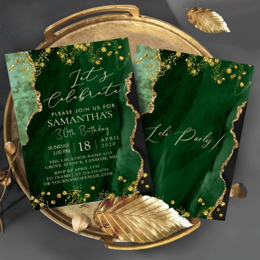 Green Emerald Gold Birthday Party Invitation Kaart