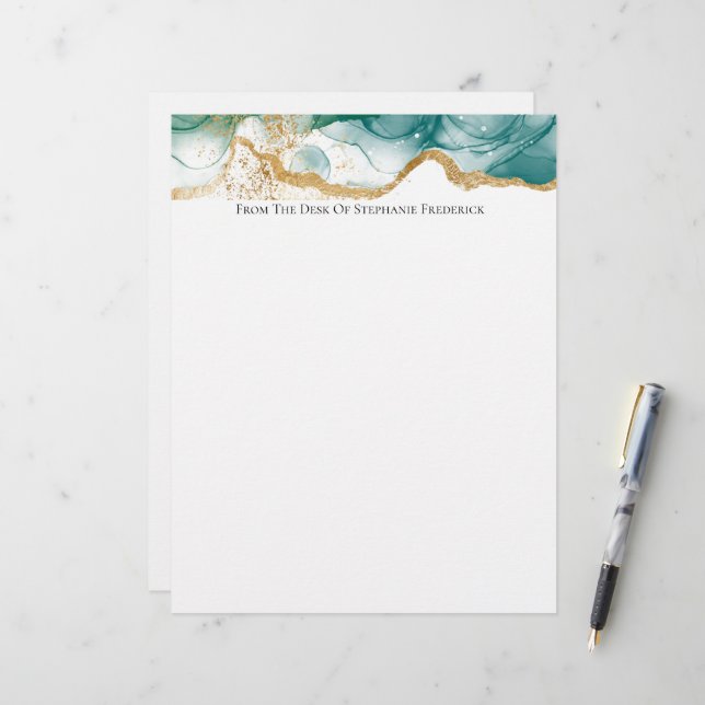 Green Emerald Gold Border Modern Trendy Waterverf Briefhoofd (Voorkant / Achterkant in situ)