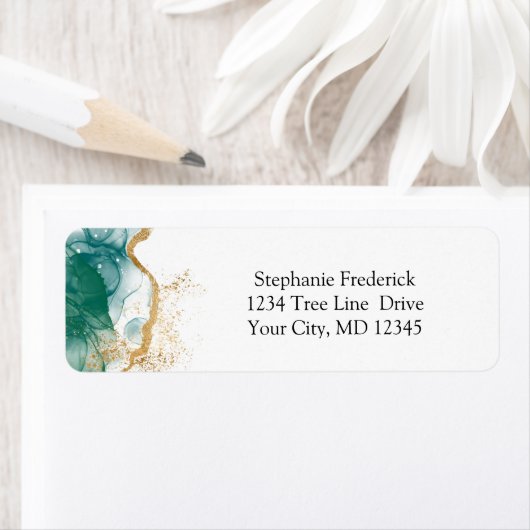 Green Emerald Gold Border Modern Trendy Waterverf Etiket (Insitu)