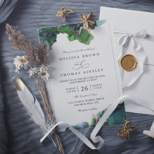 Green Emerald Tidepool Elegant QR Code Wedding Kaart
