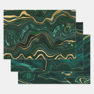 Green en Gold Malachite Gemstone Inpakpapier Vel