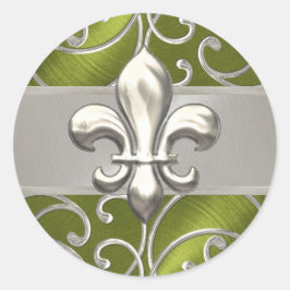 Green en Silver Filigree Swirls Fleur de Lis Ronde Sticker