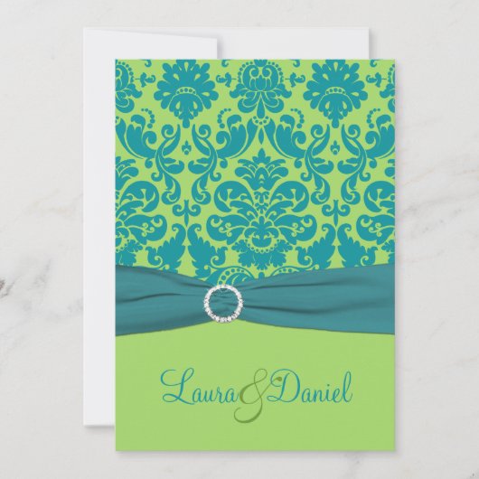 Green en Turquoise Damask Wedding Invitation Kaart (Voorkant)