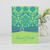 Green en Turquoise Damask Wedding Invitation Kaart (Staand voorkant)