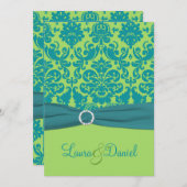 Green en Turquoise Damask Wedding Invitation Kaart (Voorkant / Achterkant)