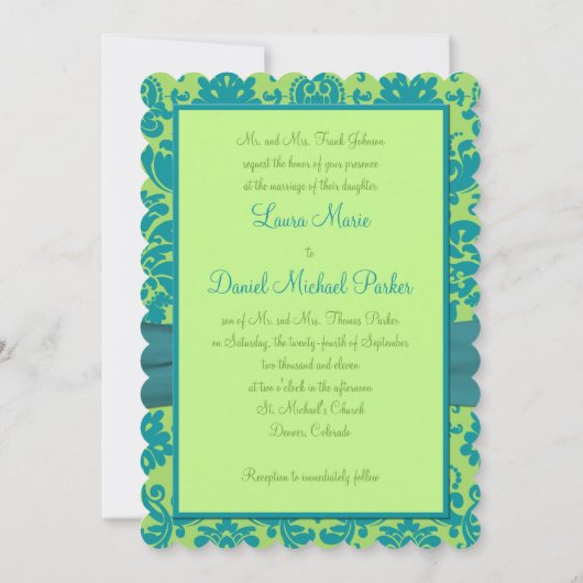 Green en Turquoise Damask Wedding Invitation Kaart (Achterkant)