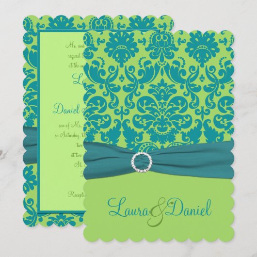 Green en Turquoise Damask Wedding Invitation Kaart (Voorkant / Achterkant)