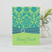 Green en Turquoise Damask Wedding Invitation Kaart (Staand voorkant)
