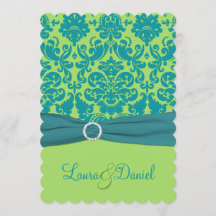 Green en Turquoise Damask Wedding Invitation Kaart