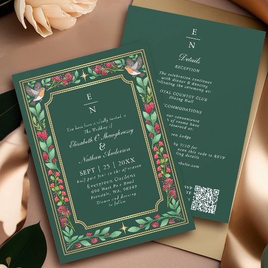 Green Enchanting Botanical Floral Wedding QR Code Kaart
