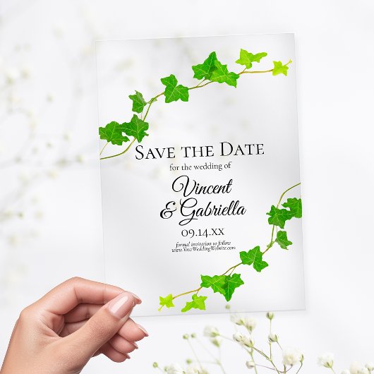Green English Ivy Vine Wedding Sla de datum op Acryl Uitnodigingen