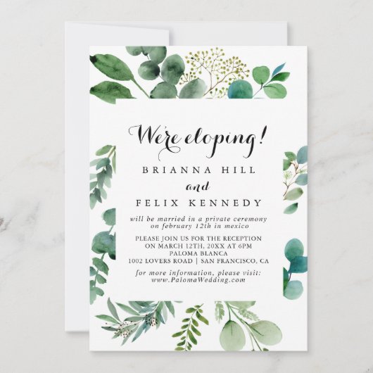 Green Eucalyptus Calligraphy Elopement Reception Kaart (Voorkant)