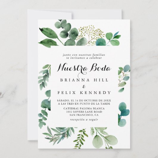 Green Eucalyptus Calligraphy Nuestra Boda Wedding Kaart (Voorkant)