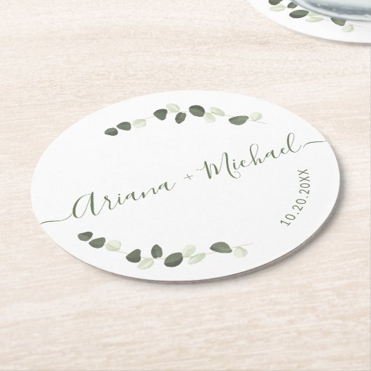 Green Eucalyptus Elegant Script noemt bruiloft Ronde Kartonnen Onderzetter (Gebogen)
