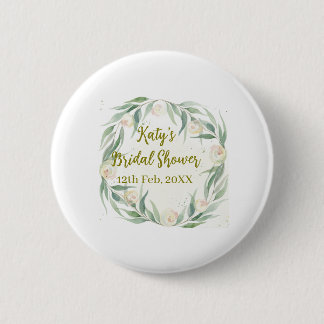 Green eucalyptus floral bridal shower name date go ronde button 5,7 cm