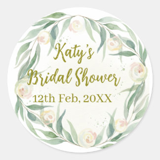 Green eucalyptus floral bridal shower name date go ronde sticker