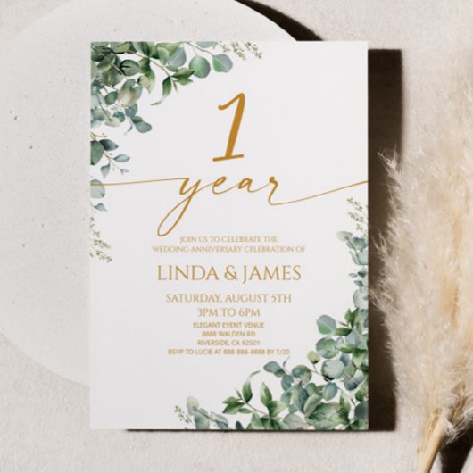 Green Eucalyptus Gold 1st Wedding Anniversary Kaart