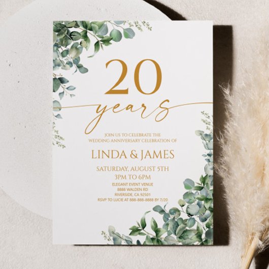 Green Eucalyptus Gold 20th Wedding Anniversary Kaart