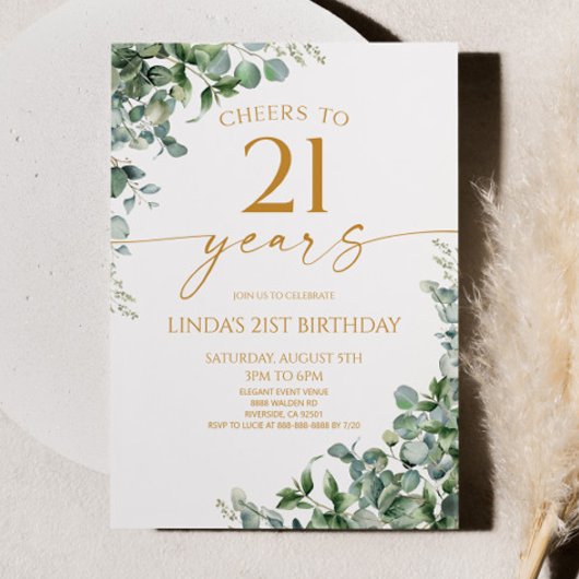 Green Eucalyptus Gold 21st Birthday Party Kaart