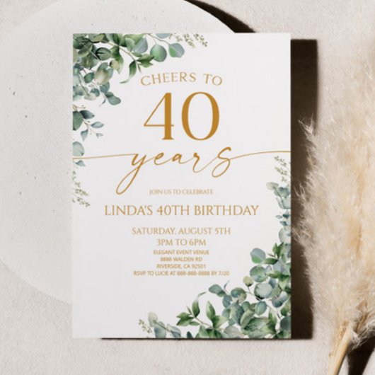 Green Eucalyptus Gold 40th Birthday Party Kaart