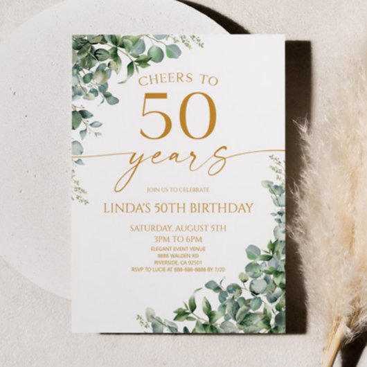 Green Eucalyptus Gold 50th Birthday Party Kaart