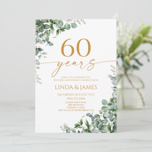 Green Eucalyptus Gold 60th Wedding Anniversary Kaart (Staand voorkant)