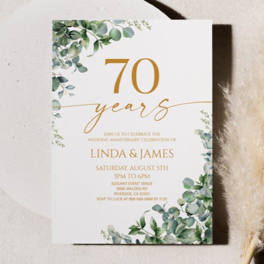 Green Eucalyptus Gold 70th Wedding Anniversary Kaart
