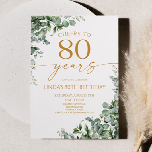 Green Eucalyptus Gold 80th Birthday Party Kaart