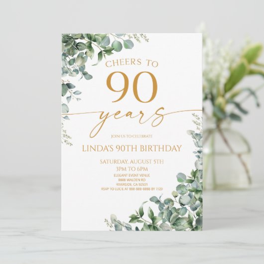 Green Eucalyptus Gold 90th Birthday Party Kaart (Staand voorkant)