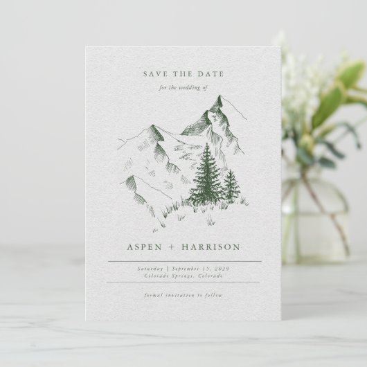 Green Evergreen Pine Mountain Sketch Bewaar de dat Kaart (Staand voorkant)